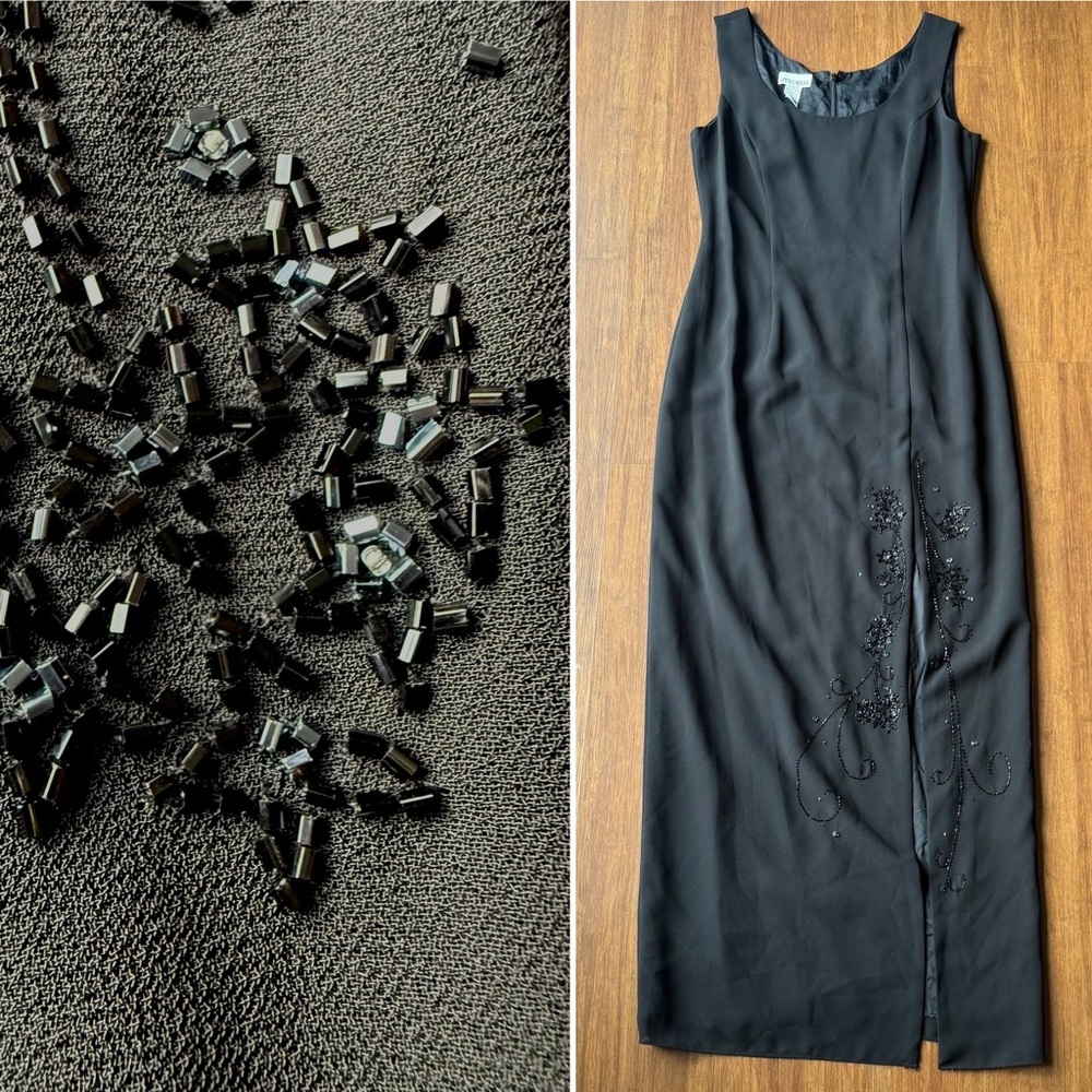 Vintage After Dark Maxi Dress Women 10 Black Beaded Celestial Star Formal Gown